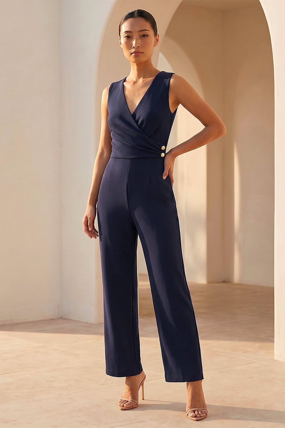 Roman Petite V-Neck Full Length Jumpsuit