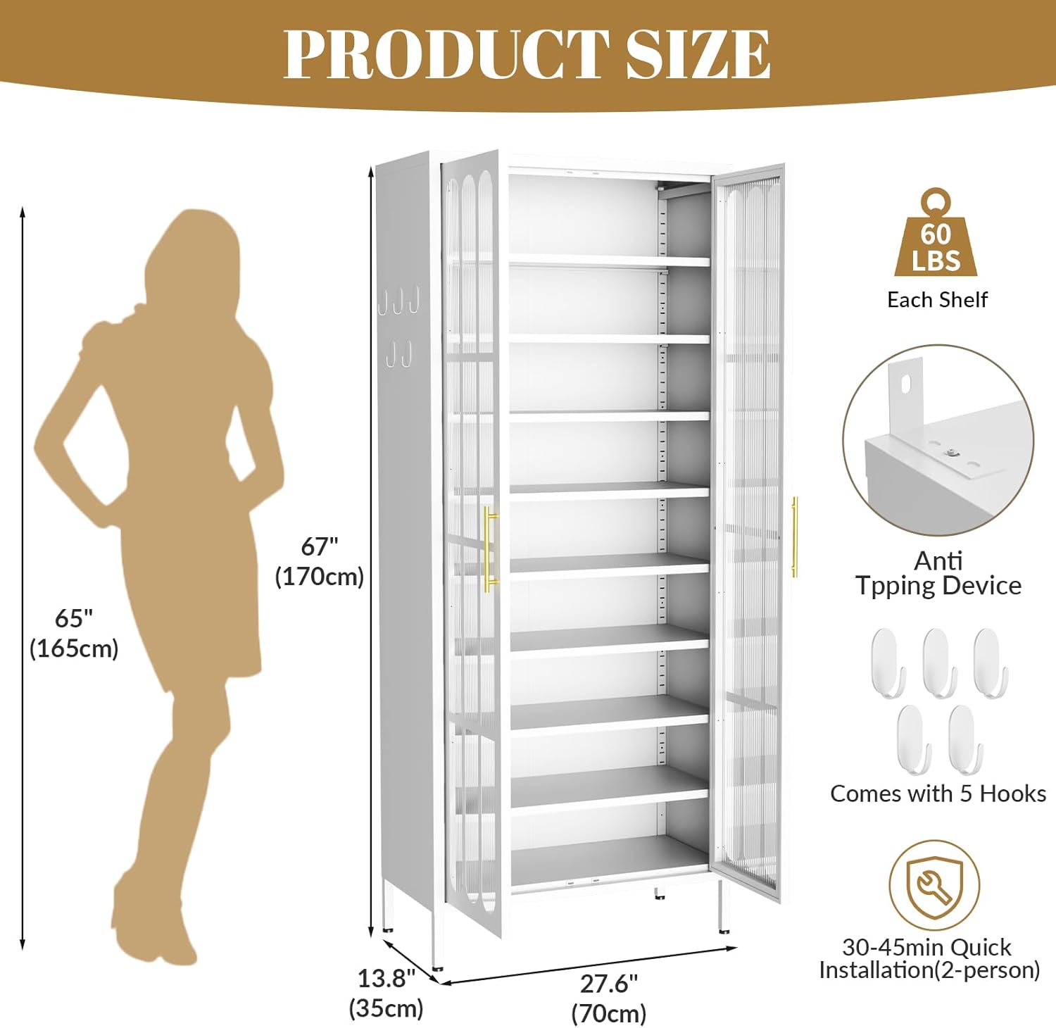 9-Tier Large Metal Shoe Storage Cabinet with Fluted Acrylic Doors & 8 Adjustable Shelves, Holds 27-36 Pairs, 67 Tall Shoe Organizer Rack for Entryway, Hallway, Cloakroom (White)
