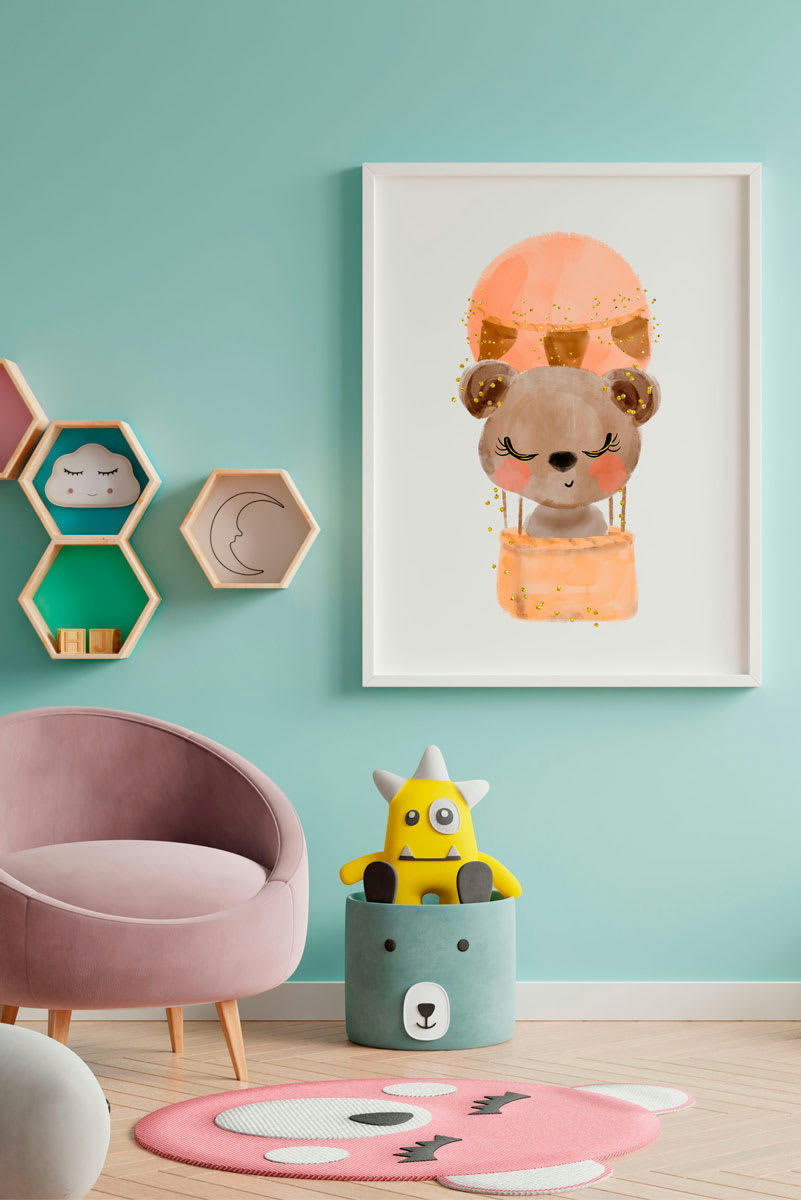 DECOWALL - Impression de ours ballon encadrée en bois blanc 43X33 cm