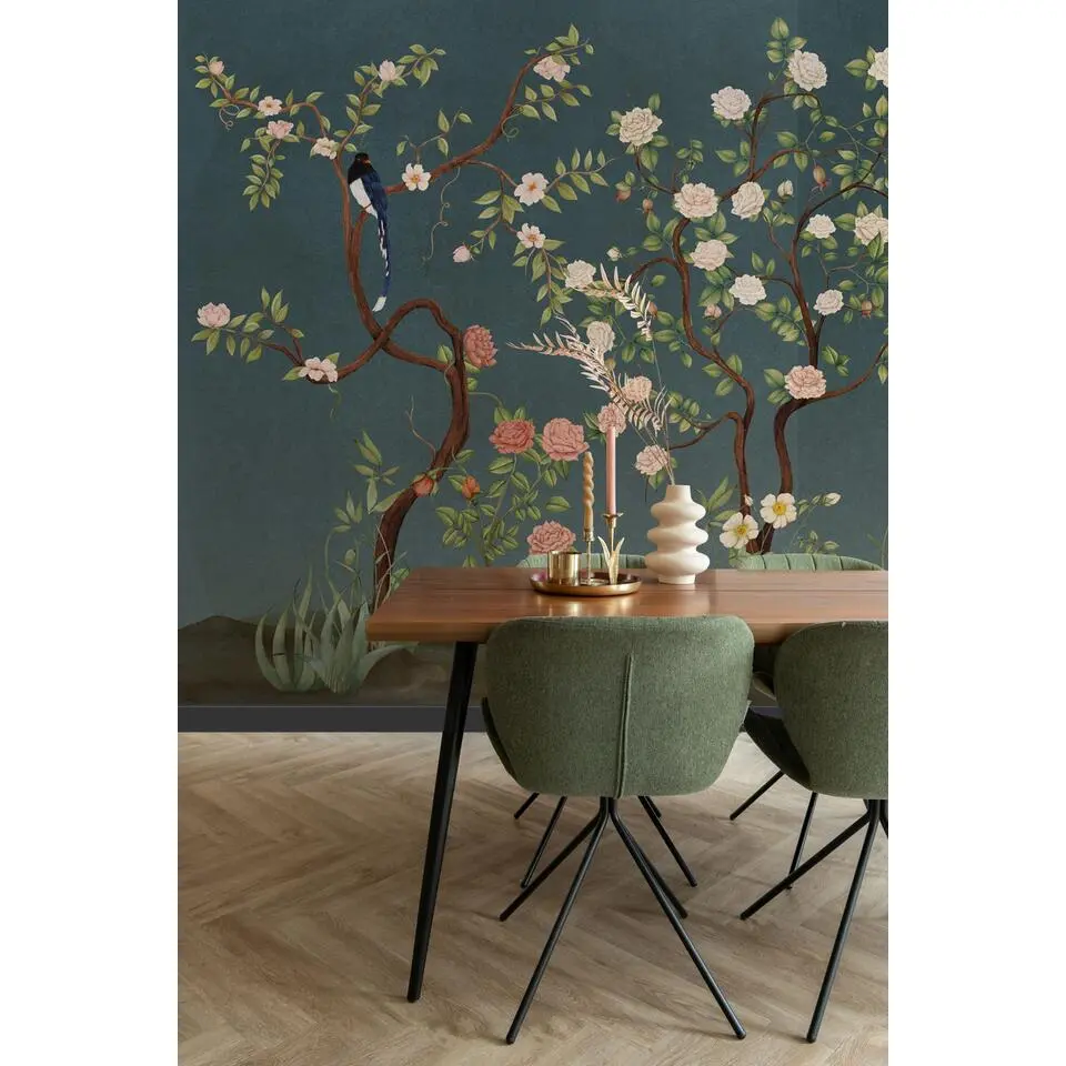 Sanders & Sanders fotobehang bloemen en vogels donkerblauw - 424 x 280 cm