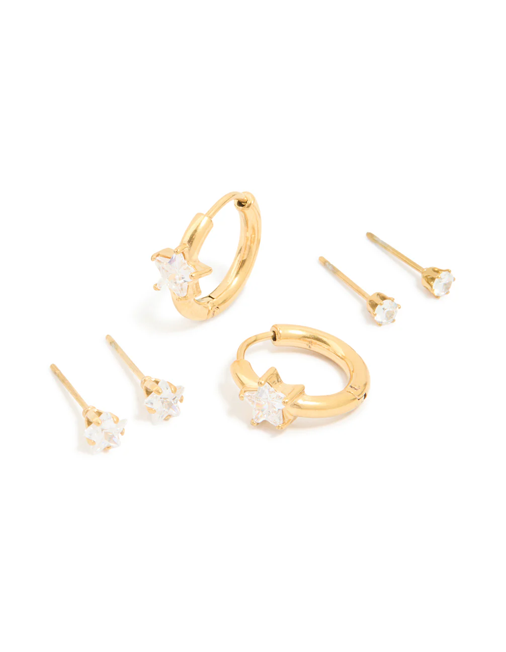Waterproof Gold Plated Stainless Steel Cubic Zirconia Huggie & Stud Earrings 3-Pack