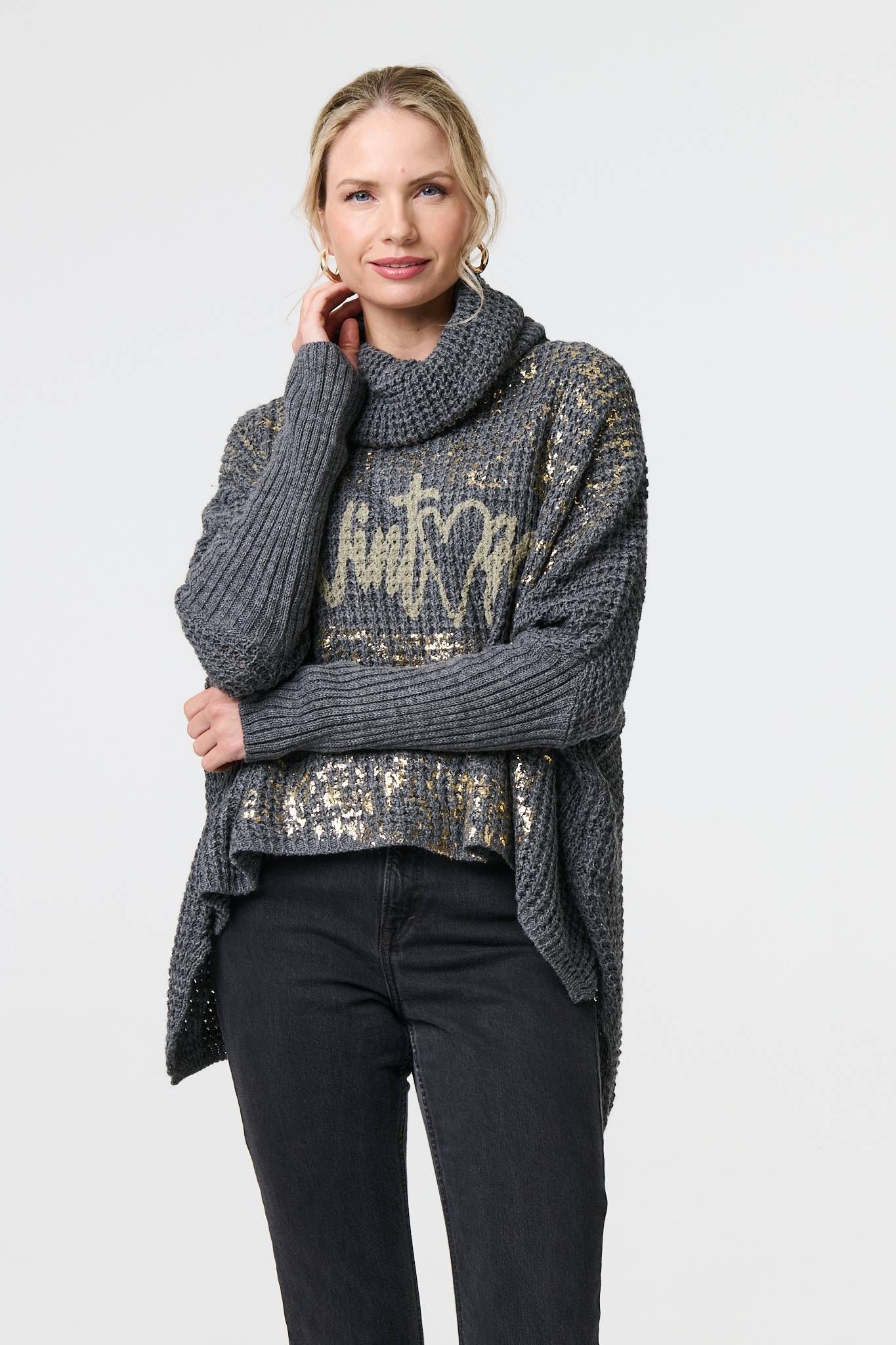 Izabel London Graphic Print Metallic Roll Neck Jumper