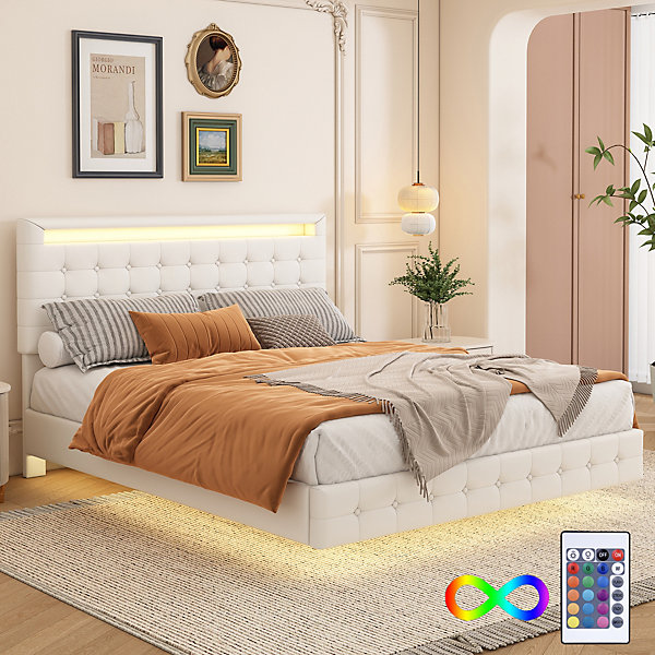 Lit double 140x200 cm - Lit adulte avec éclairage LED et tête de lit réglable - PU   MDF - Sans matelas - Blanc