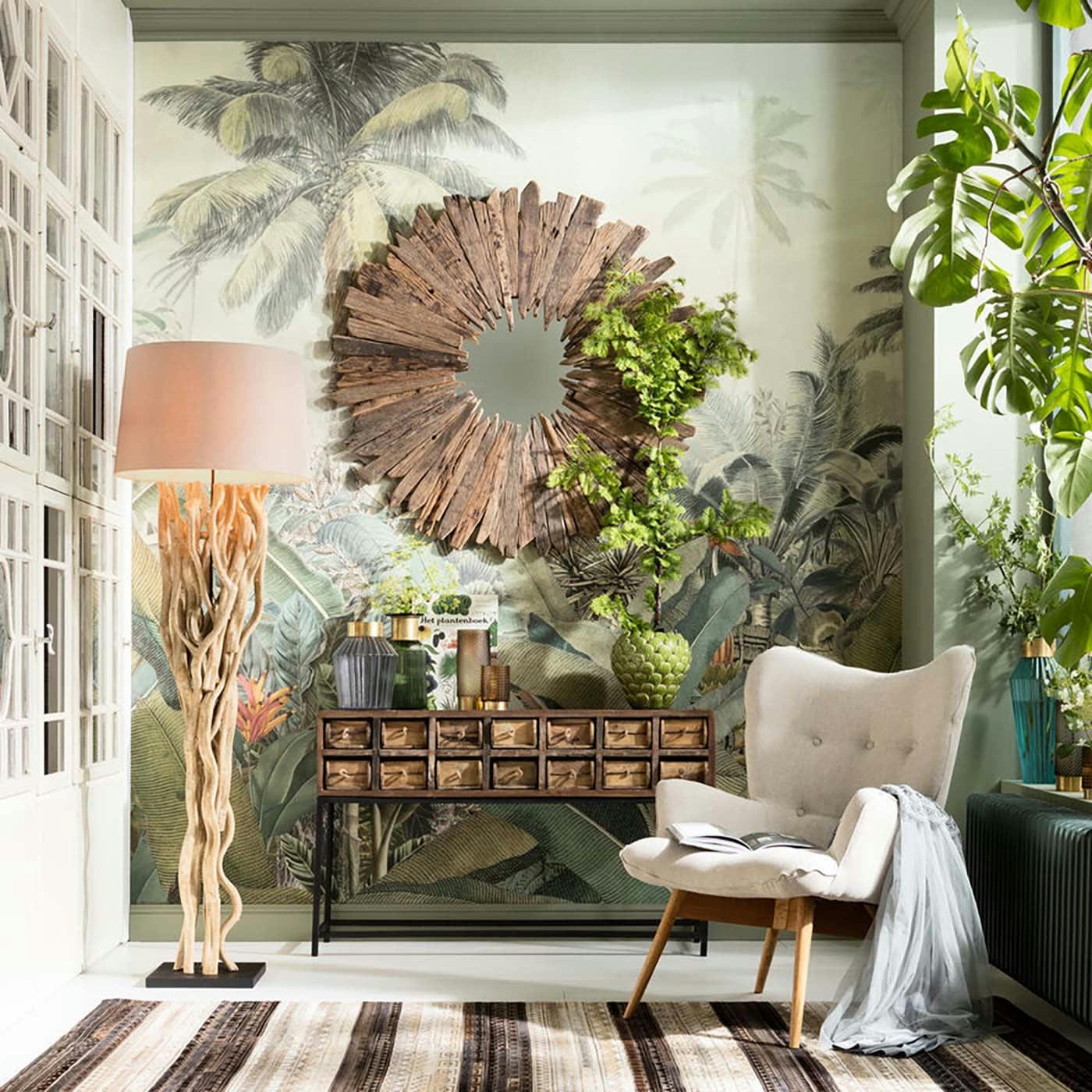 SCULTRA - Lampadaire en acacia massif et abat-jour en coton H158