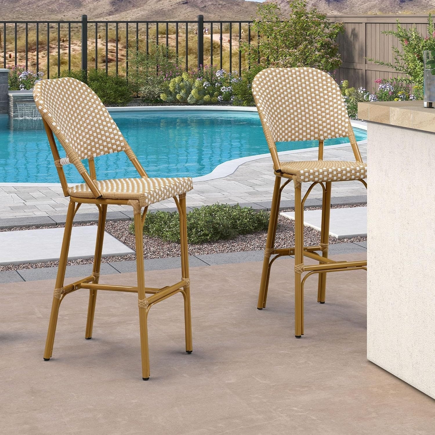 PURPLE LEAF Bar Stool Set of 2 Outdoor Rattan Bar Chair with Back Metal Bar Height Stool Wicker Barstool Dark Grey