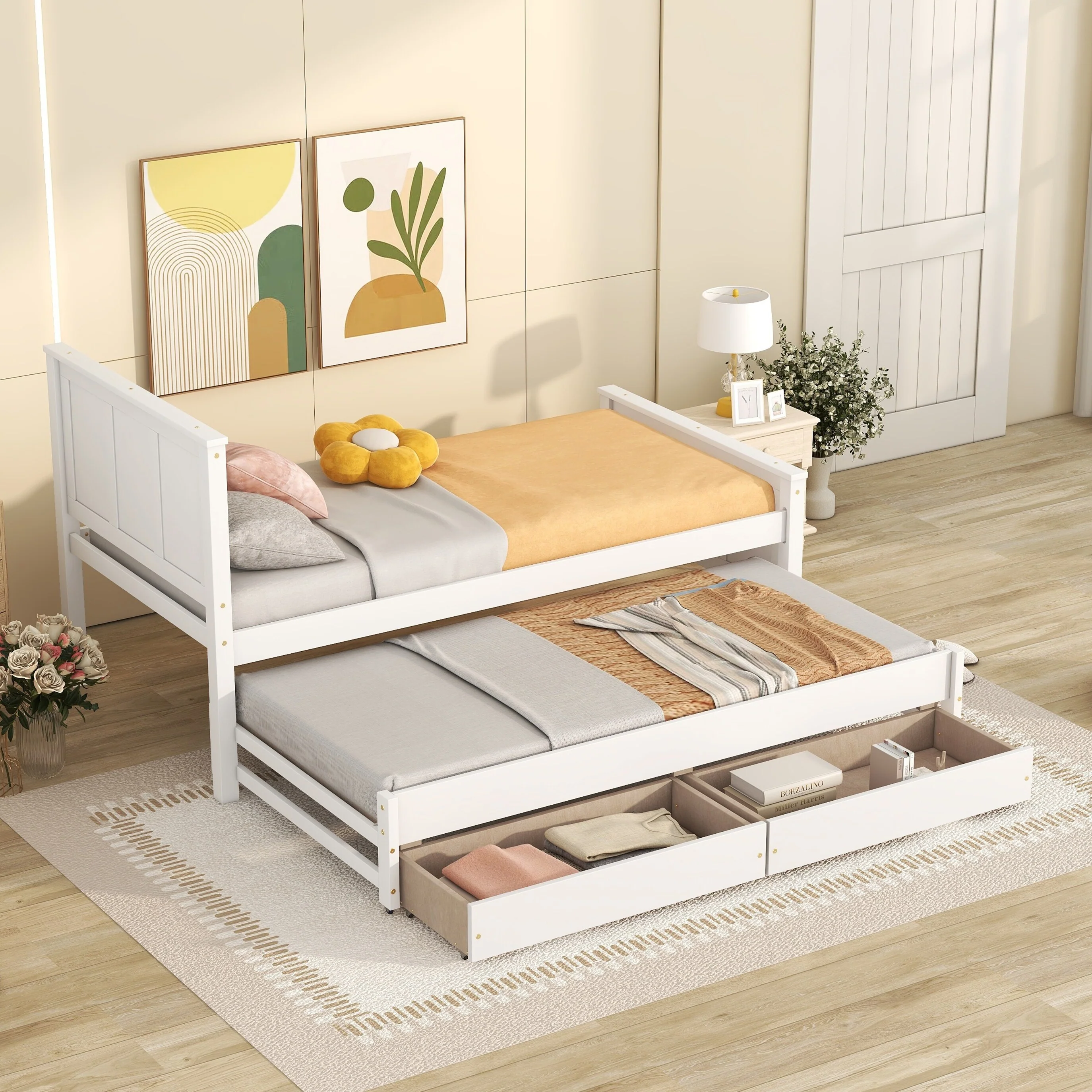 Twin Platform Bed with Pull-Out Trundle and Dual Storage Drawers, Solid Pine Wood Frame with Slatted Support