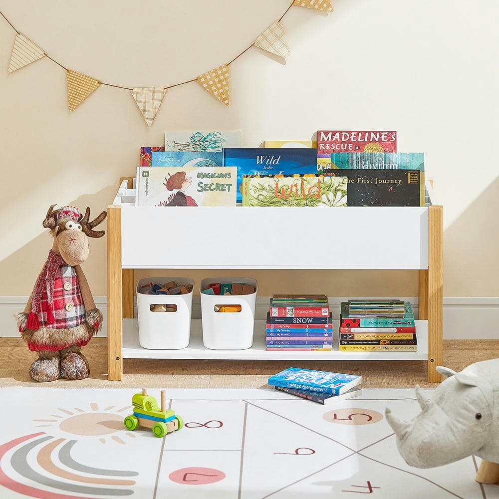 - Meuble de rangement à livres et jouets pour enfants effet bois blanc