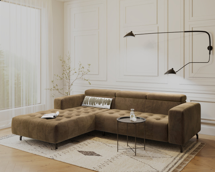 Kanapa Sofa Narożna Narożnik Barbados Regulowane Zagłówki Brązowy Lewy