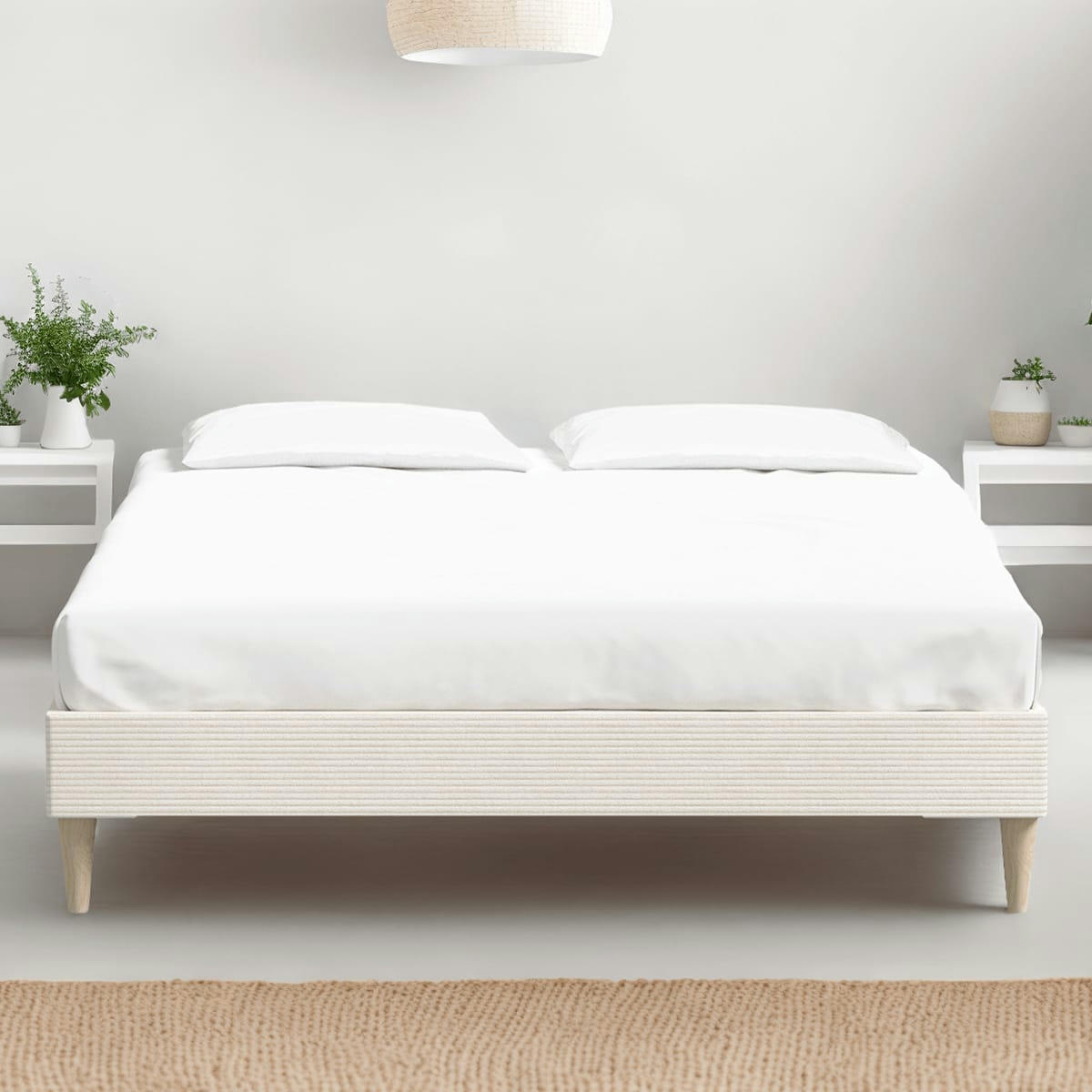 DINA - Lit adulte 140x190 cm en velours côtelé beige