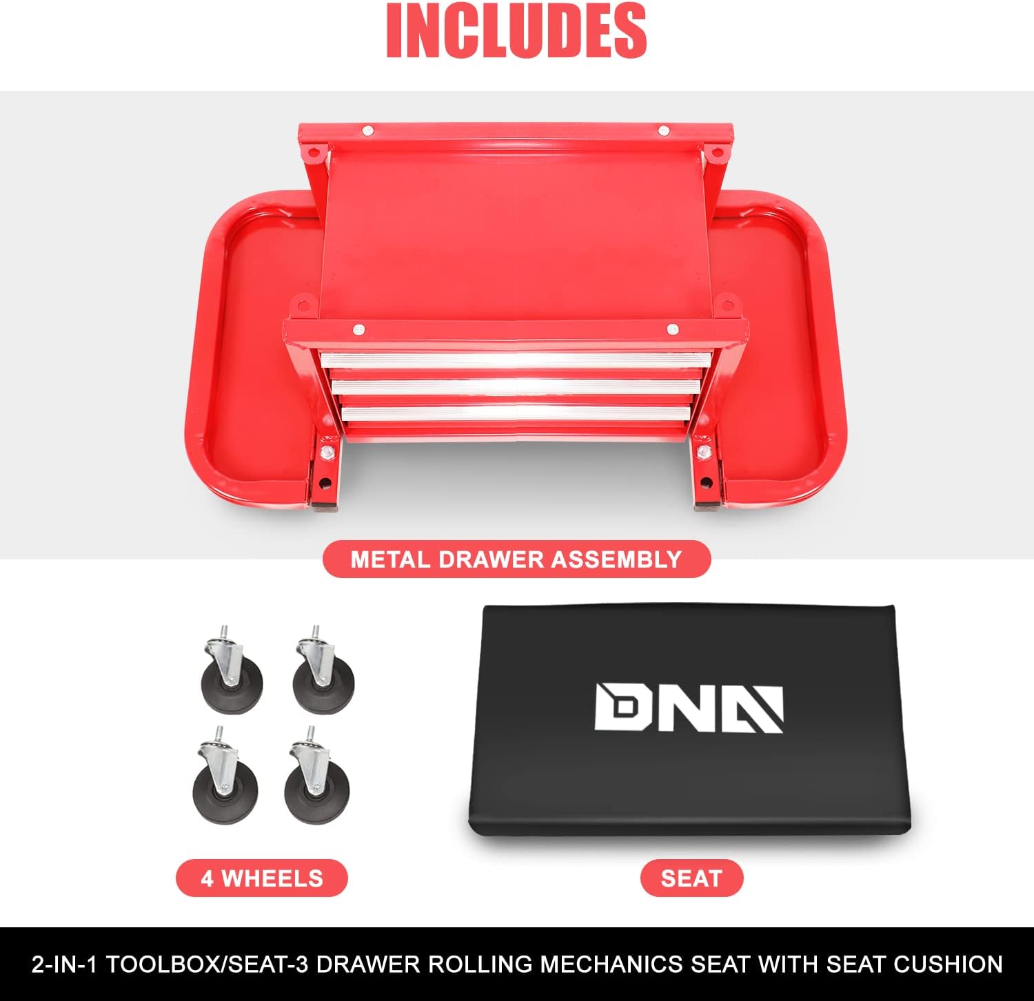 DNA Motoring TOOLS-00261 3-Drawer Tool Chest Rolling Mechanic Seat with Tool Trays,350lbs Max Weight Capacity,Red
