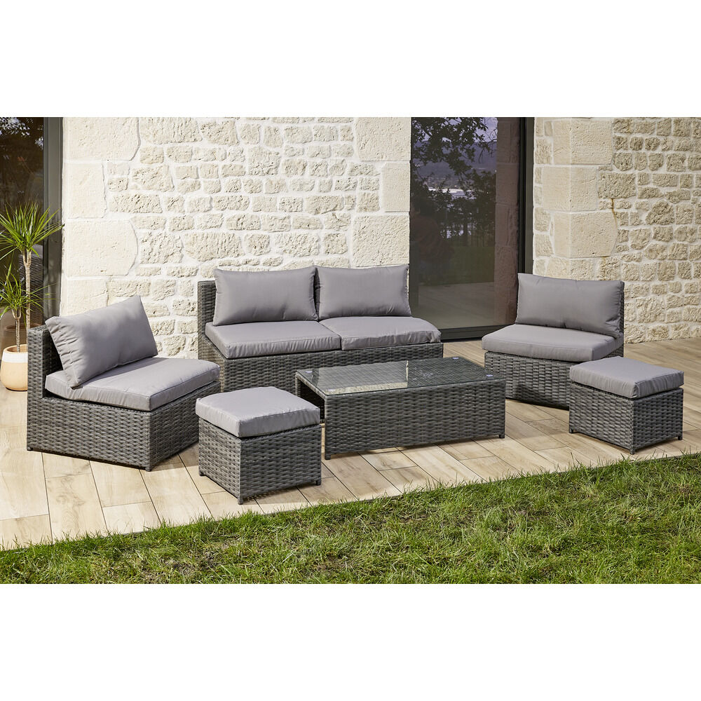 Salon de jardin Imbrik 6 places plastique tressé et acier gris (6 pièces)