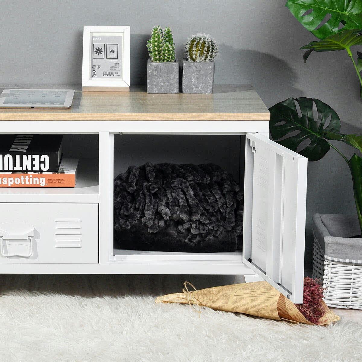 - Meuble TV Blanc 120x40x48 cm Fer et Bois Massif Sapin