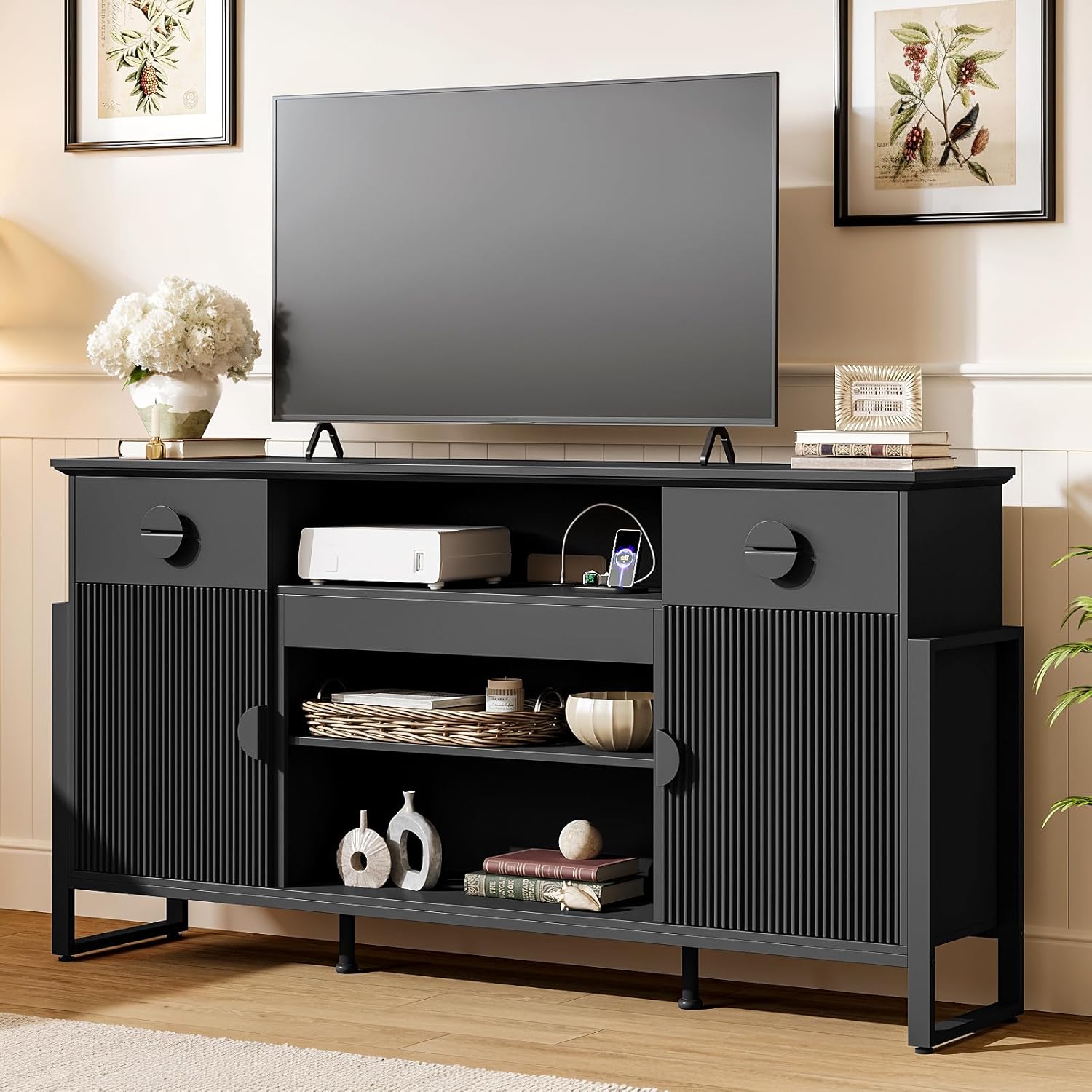 70 inch Modern Fluted TV Stand for TVs up to 80, Multifunctional Entertainment Center with Open Shelf, Built-in Power Outlets & 2 Large Drawers, Doors Storage Cabinet for Living Room, Black