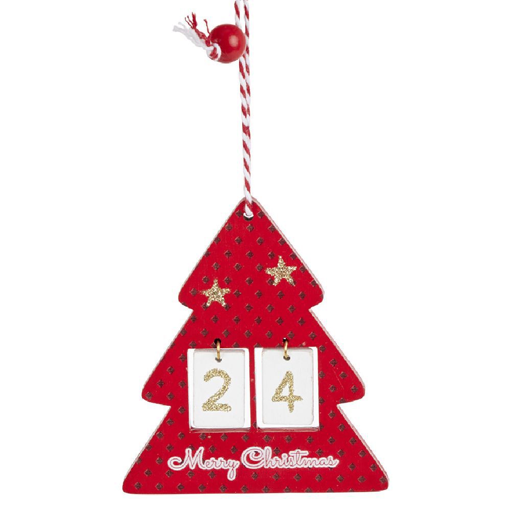 Déco étoile ou sapin rouge en bois à suspendre avec nombre 24 - 11x11cm