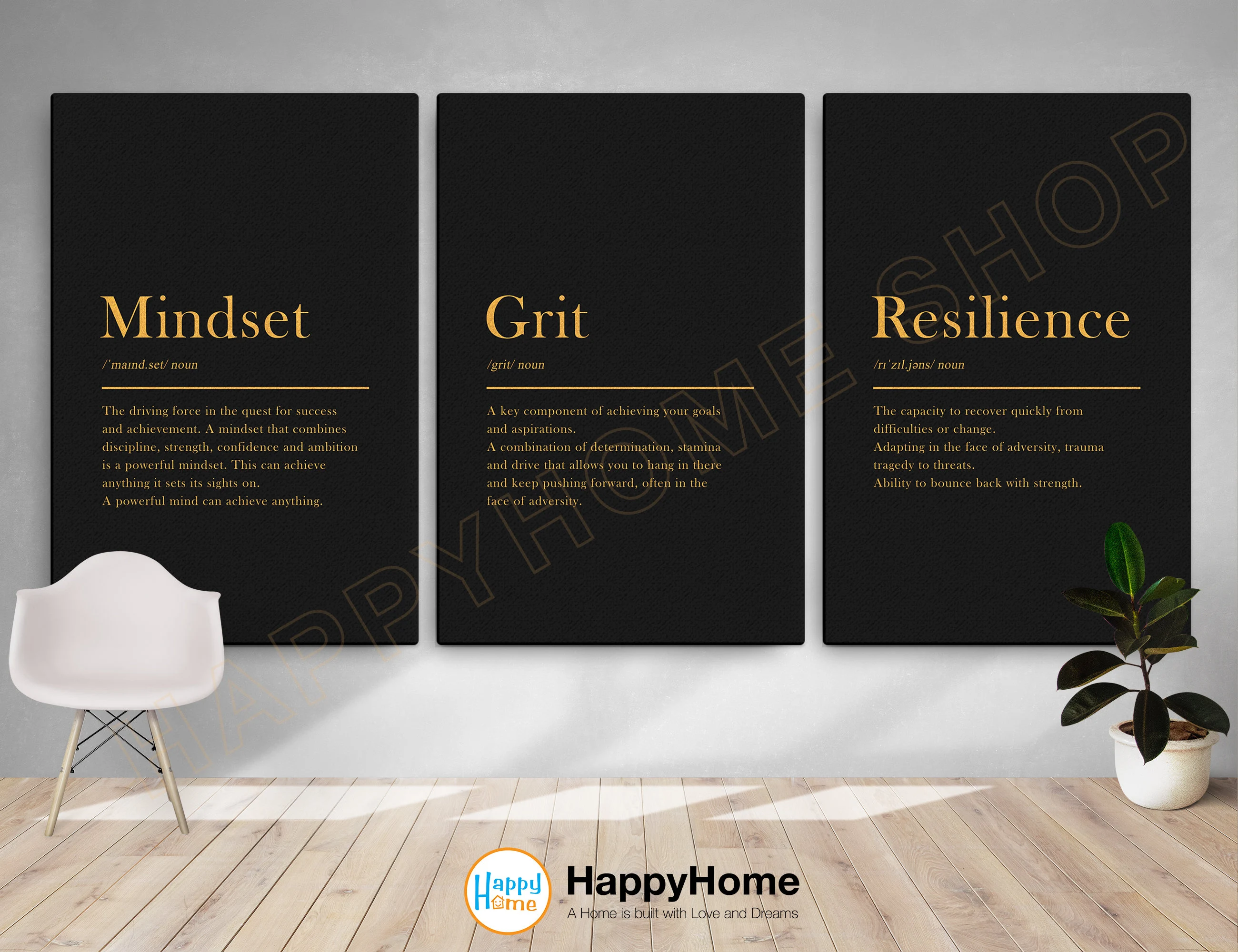 Mindset Grit Resilience Definition Motivational Quotes | Inspirational Wall Art Entrepreneur Quotes Poster Office Decor 3 Piece Wall Art Set