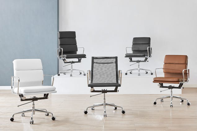NNEKG Replica Eames Group Standard Aluminium Padded Low Back Office Chair (White Leather)