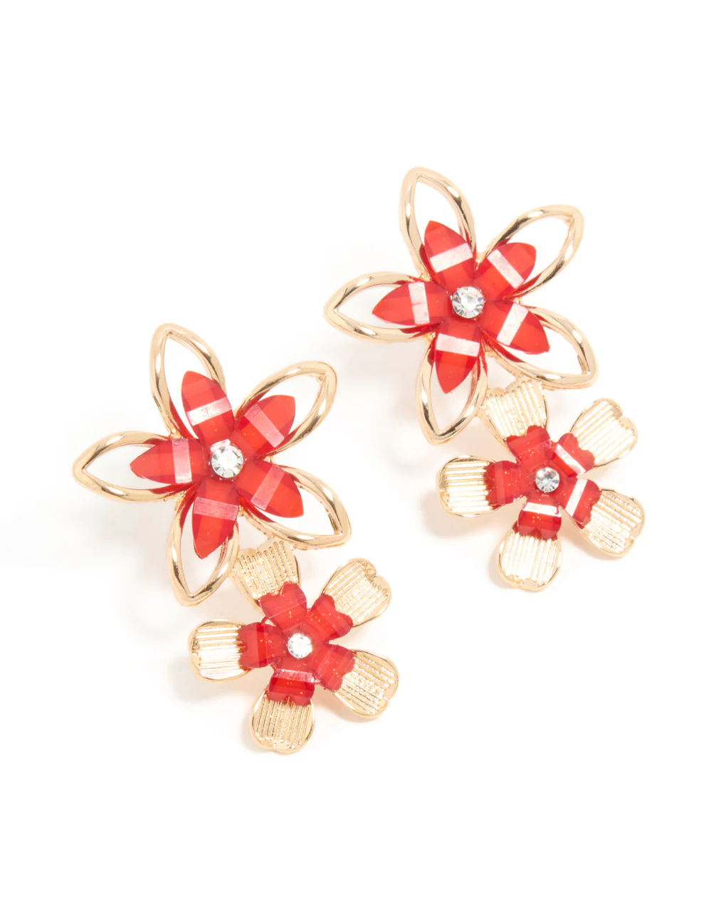 Gold Red & White Acrylic Flower Layered Earrings
