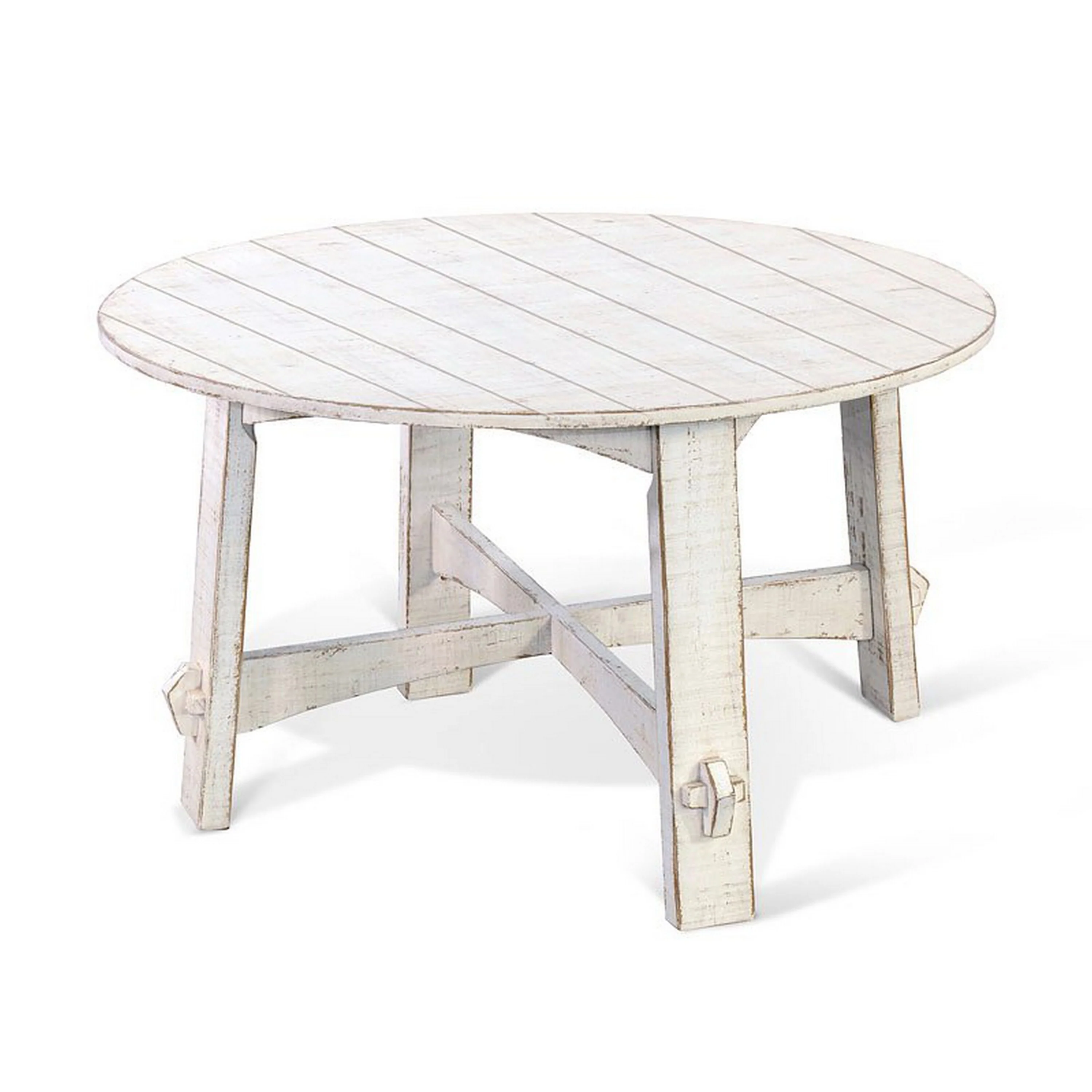 Rena Dining Table, 54 Inch Round Planked White Sand Mahogany Wood