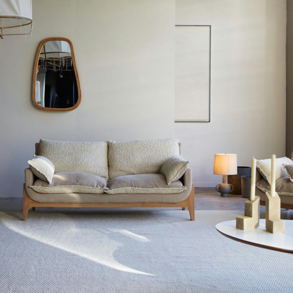 WOODNEST - Canapé en chêne massif et tissu Linen 2 places