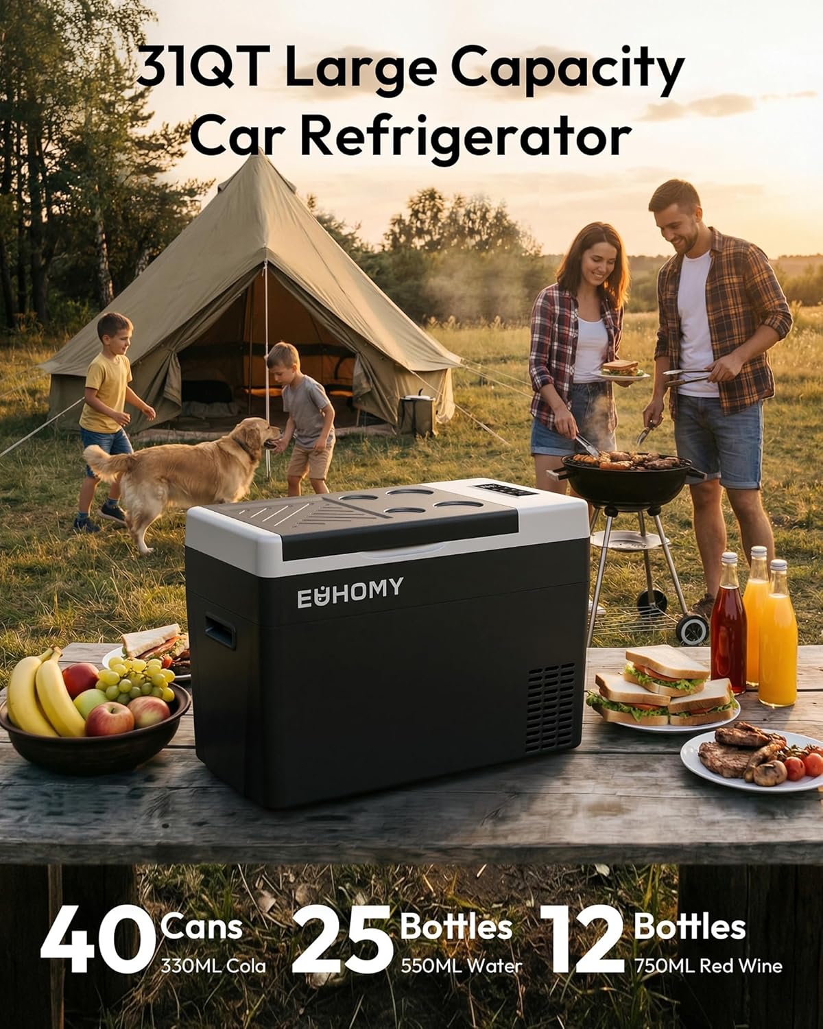 EUHOMY 12 Volt Refrigerator, 31QT(29L) Compressor Electric Cooler APP Control, Car Fridge -4℉~68℉, Portable Refrigerator 12/24V DC 100-240V AC, Portable Freezer for Camping, Travel, Boat