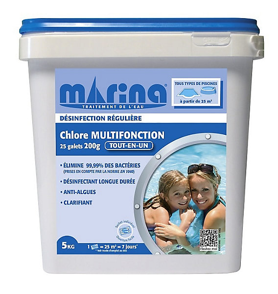 Galets 200g de chlore Marina pour piscine 25 m et plus - 5 kg