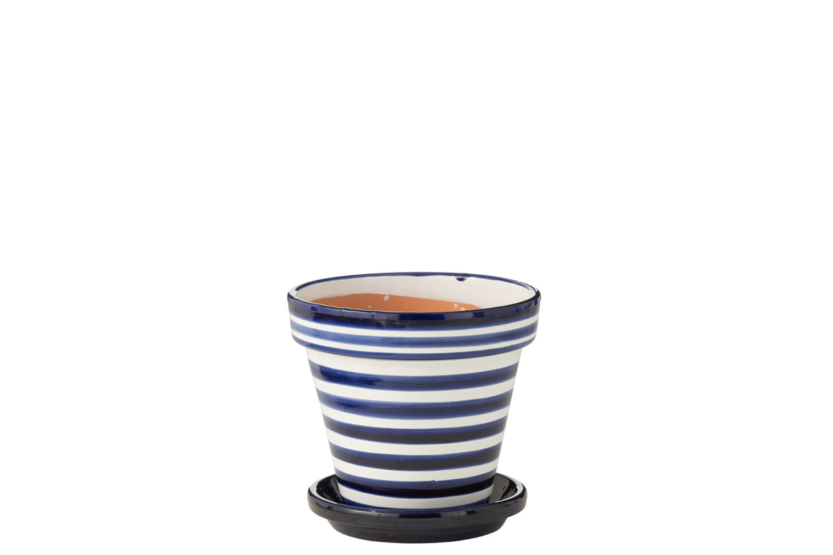 J-Line bloempot Granada Stripes Handmade   Painted - keramiek - blauw - medium - Ø 27 cm