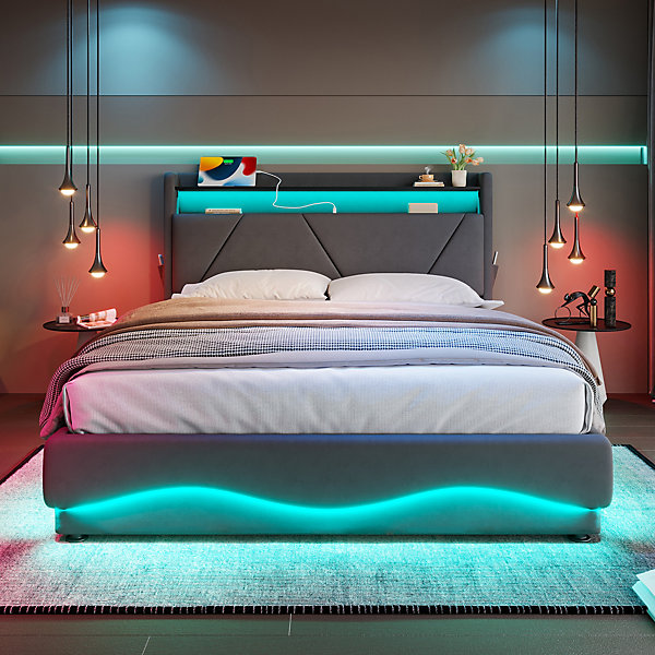 Lit Coffre 160x200 cm - Lit Rembourré avec éclairage LED et Ports USB Type-C, Tête de Lit à étagères - sans Matelas - Gris Foncé