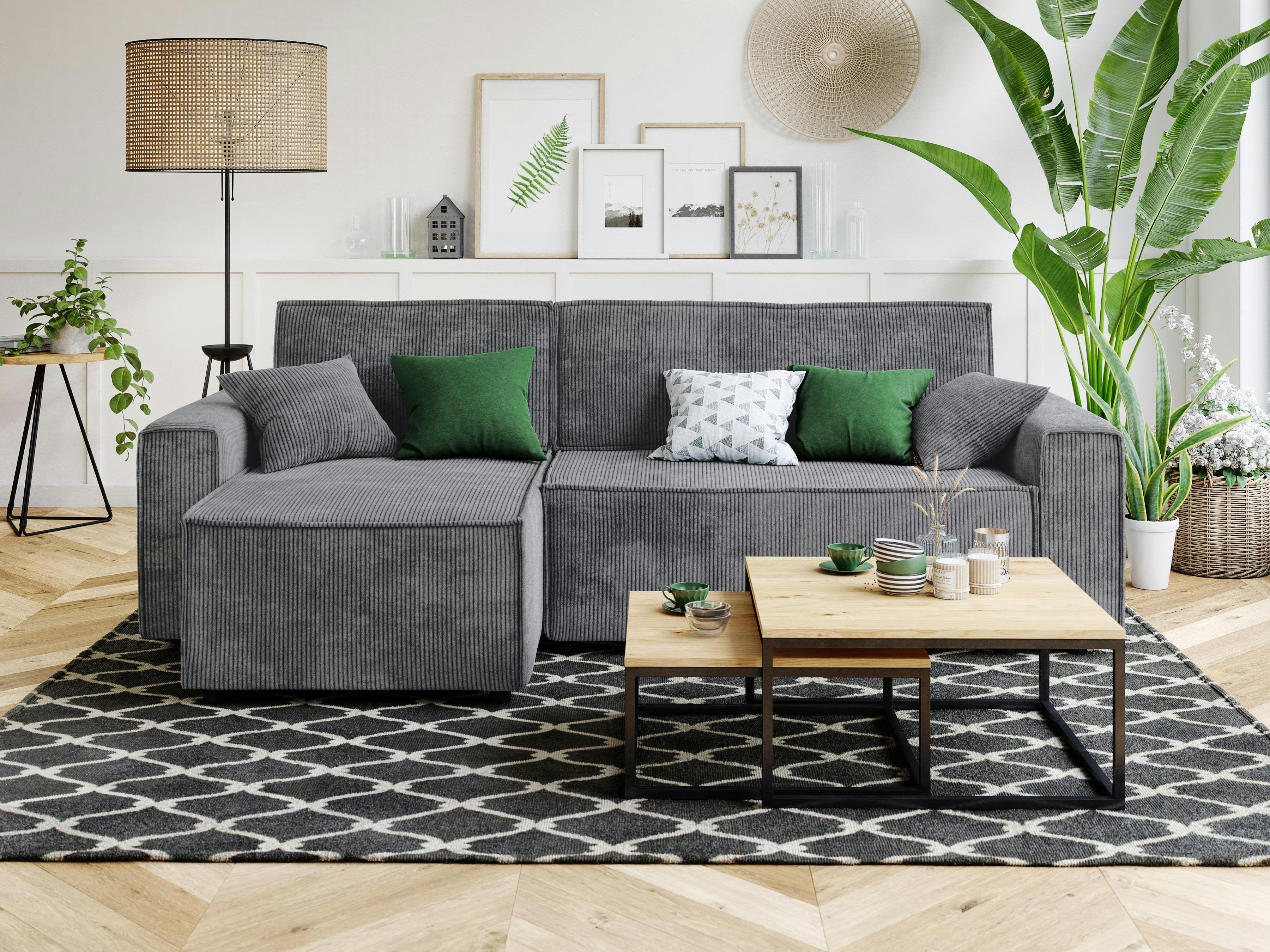 MIRA - Canapé d'angle convertible en velours côtelé 4 places gris souris