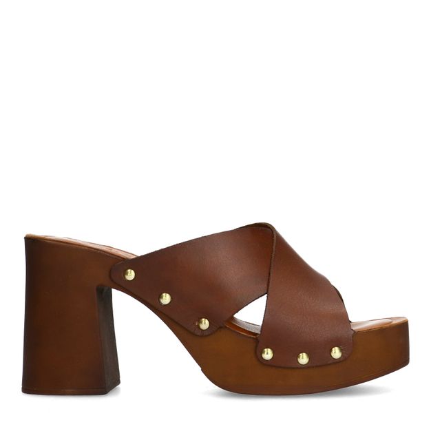 Cognac leren muiltjes met plateau hak