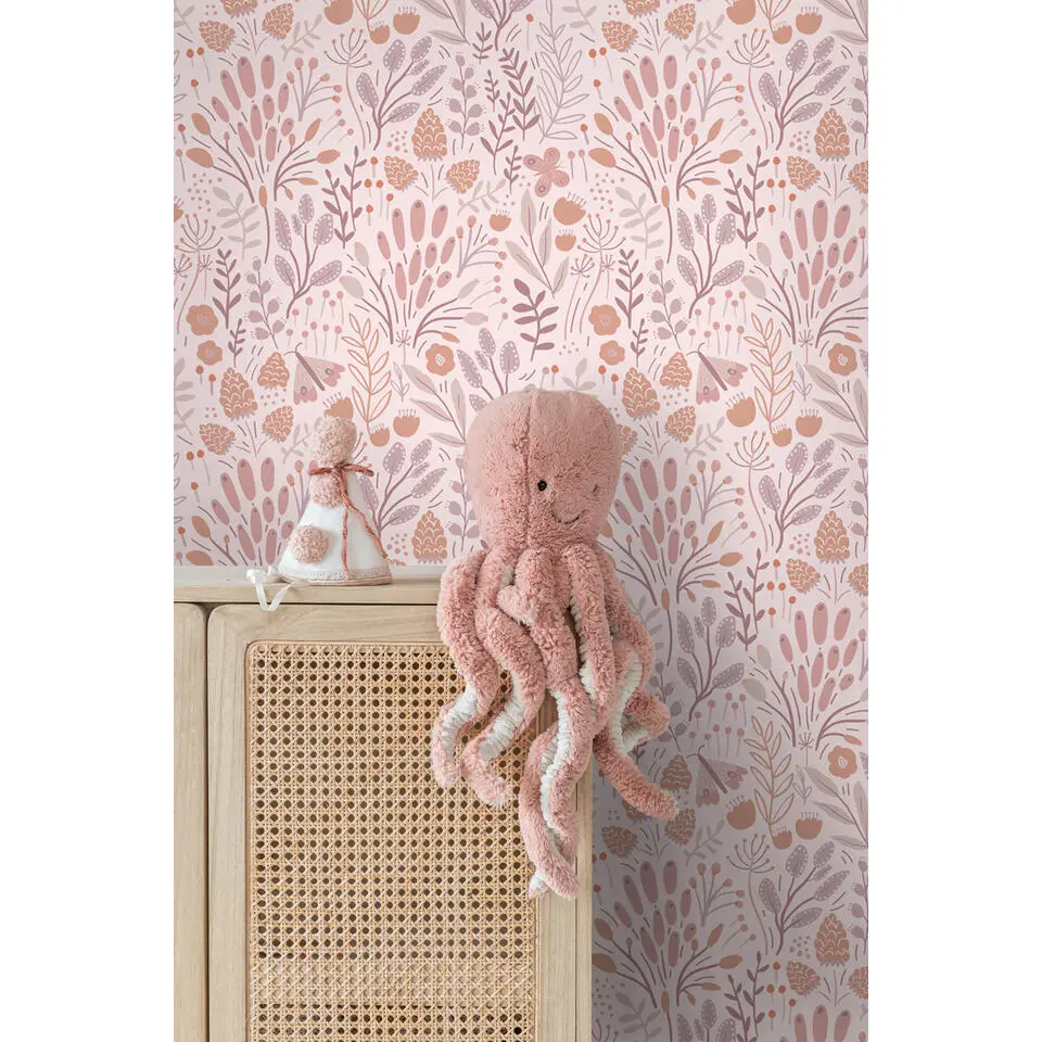 ESTAhome behang bladeren en bloemen lila paars en terracotta - 50 x 900 cm