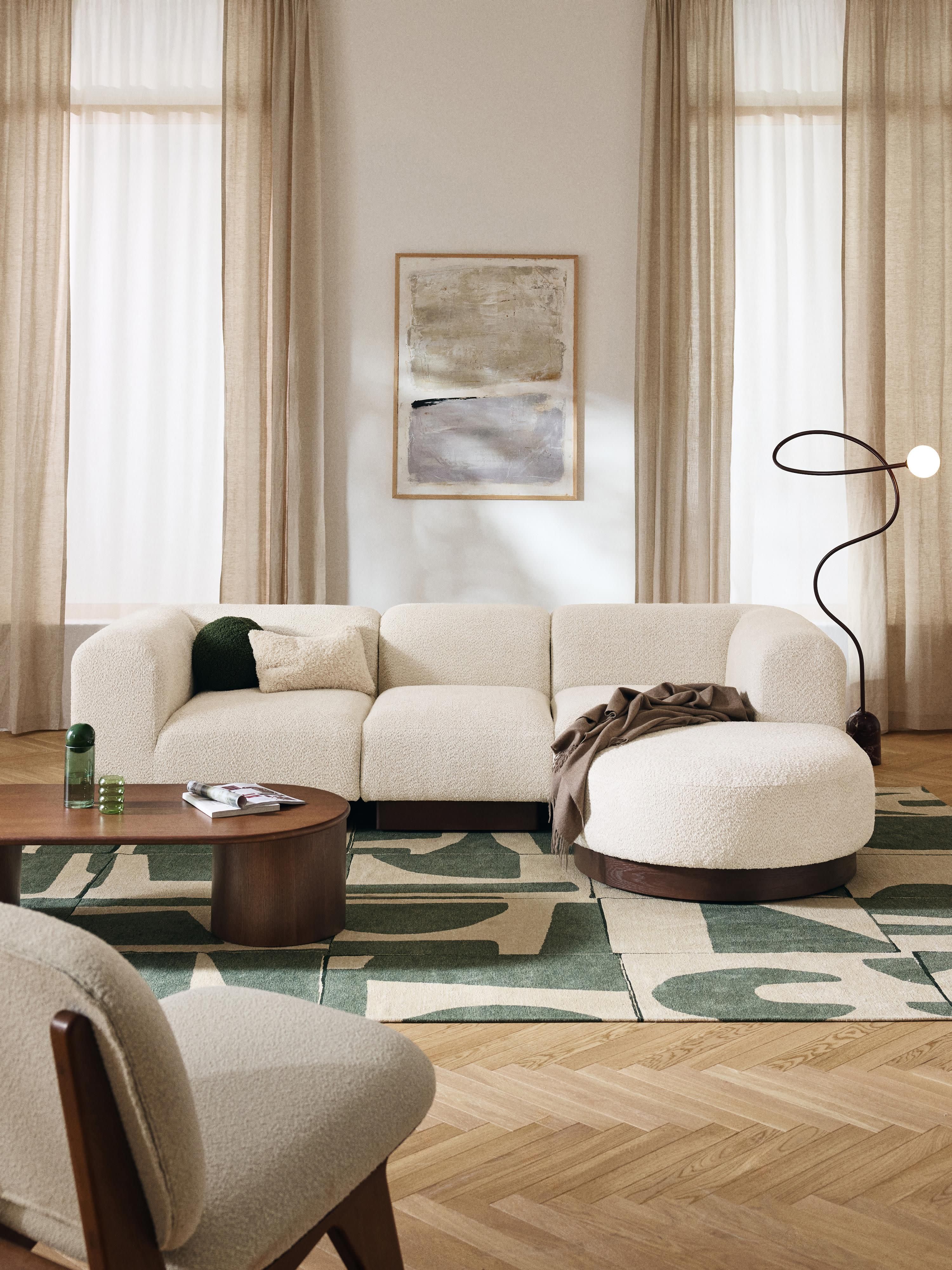 Modulares Sofa Natalie (3-Sitzer) aus Teddy-Bouclé mit Hocker (links/rechts)