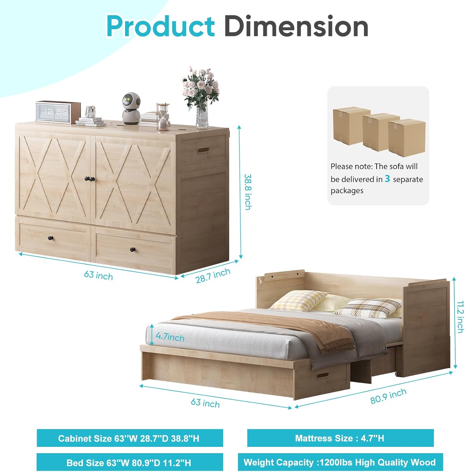 CECER Queen Size Murphy Bed with Tri-Folding Mattress，Murphy Bed with Charging Station and Two Large Storage Drawers for Small Spaces/Bedroom（Natural Wood）-Mattress Include