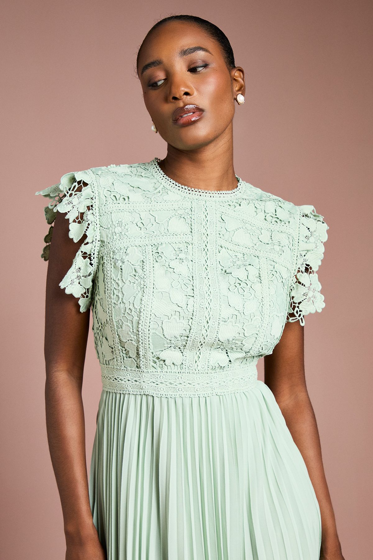 Coast Flutter Sleeve Lace Top Pleated Skirt Midi Dress