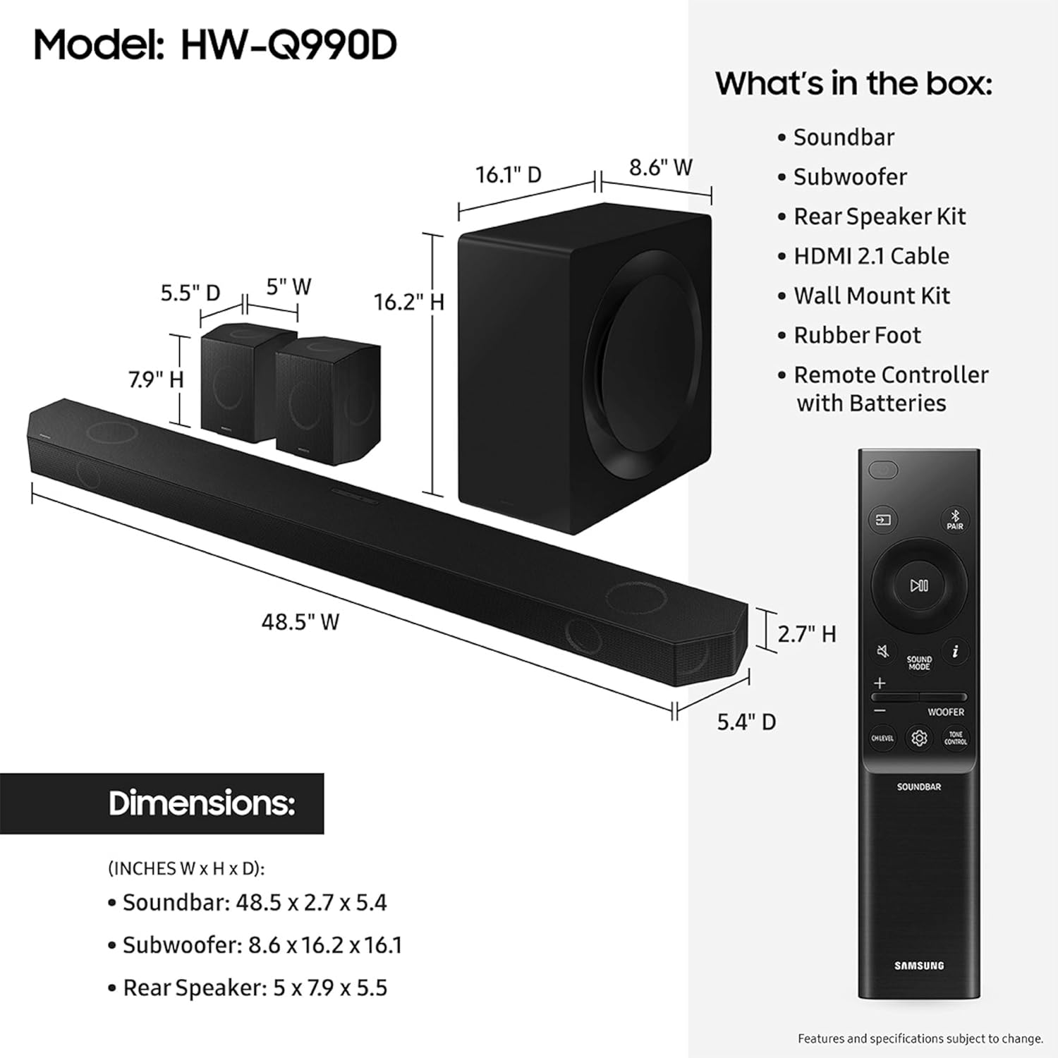 SAMSUNG Q990D 11.1.4ch Soundbar w/Wireless Dolby Atmos Audio  Rear Speaker Included  Q-Symphony  SpaceFit Sound Pro  Adaptive Sound  Game Mode Pro with Alexa Built-in  HW-Q990D/ZA