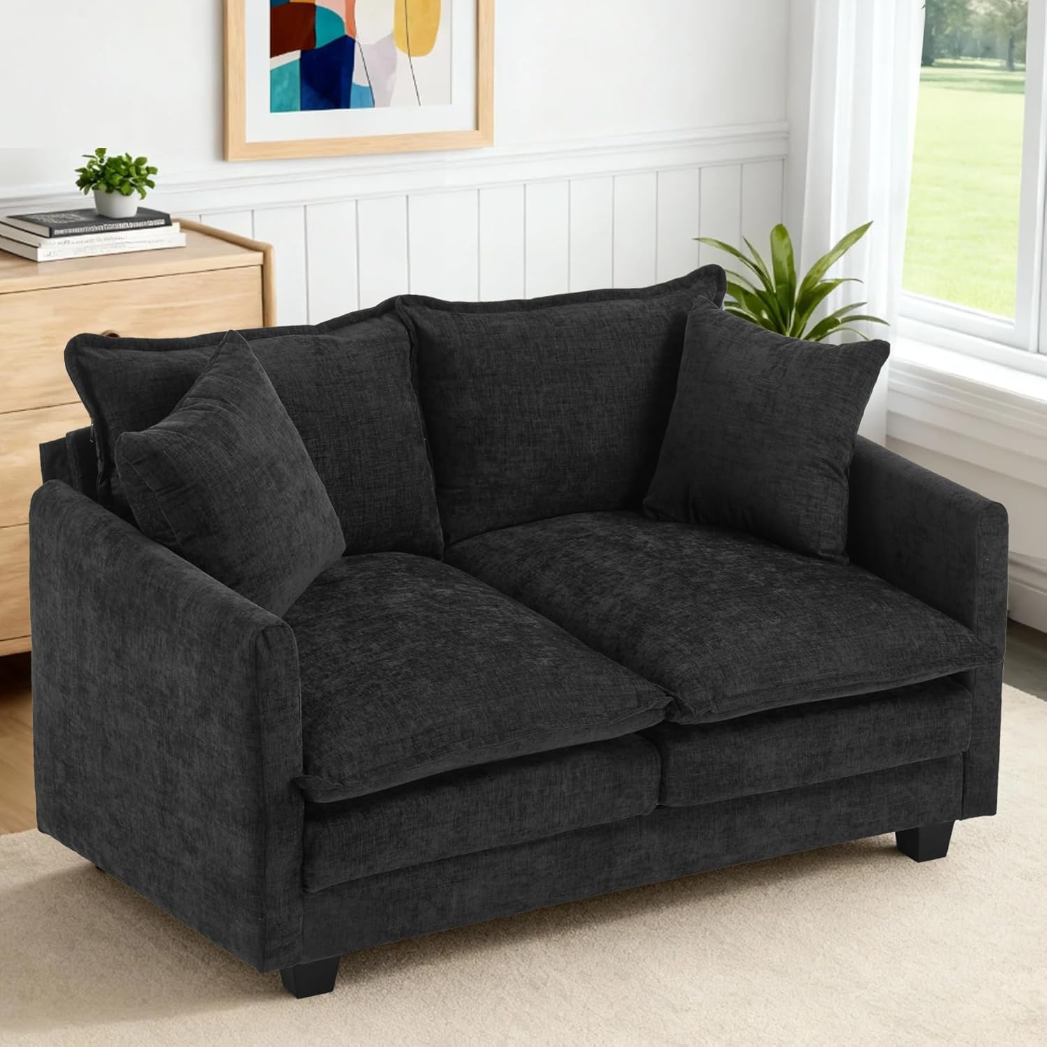 Loveseat Sofa Cloud Sofa Couch 50'', Modern Loveseats 2 Seat Couch 27 Deep Seat with 2 Pillows for Small Spaces Apartment Studio Office Bedroom Living Room 8834-BLACK-1