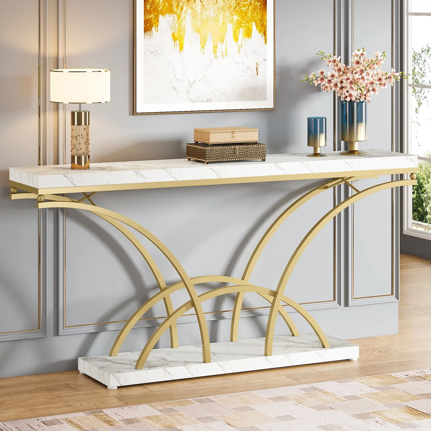 70.9 Inch Long Console Table for Entryway,Gold Sofa Table with White Faux Marble Tabletop