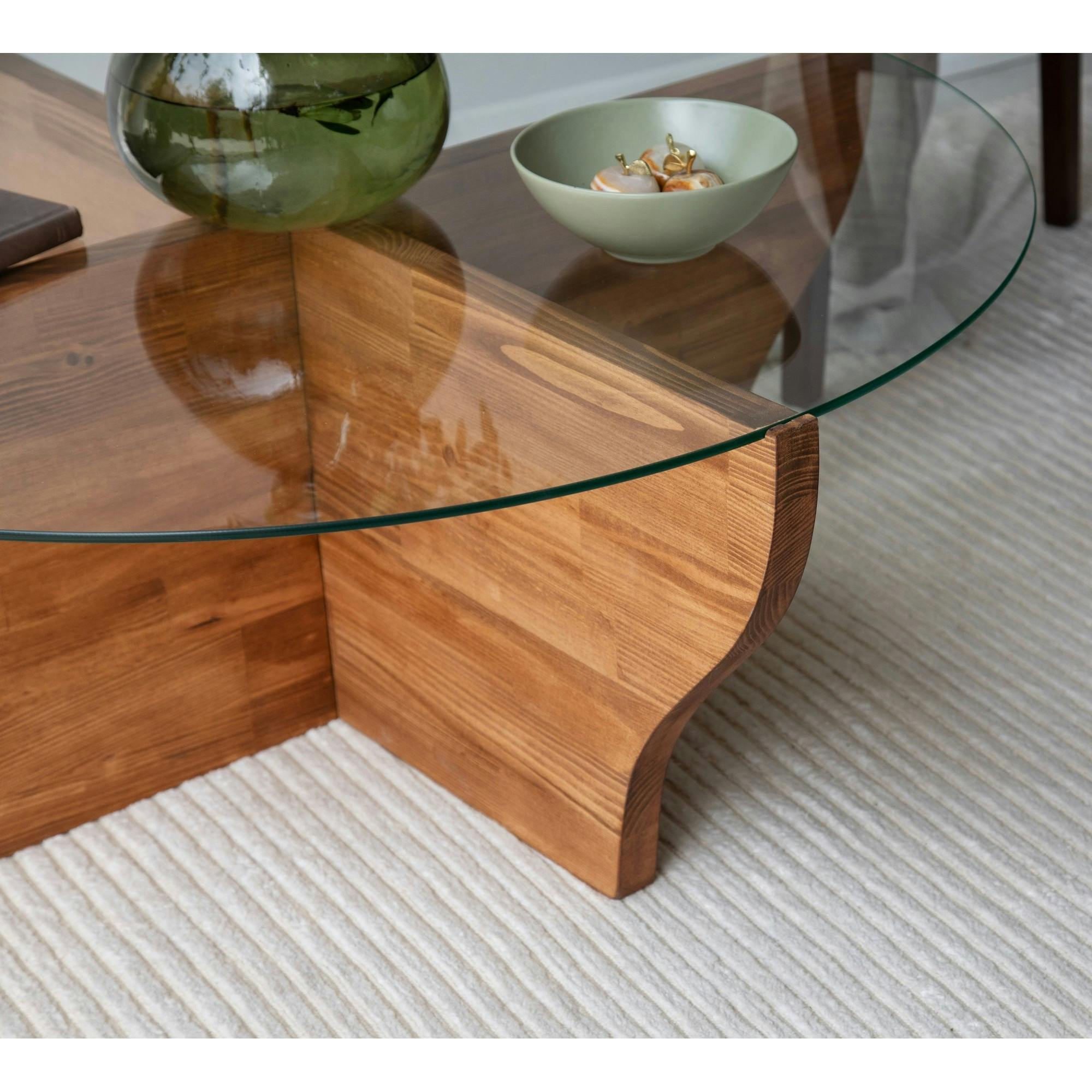 Table basse en verre et bois marron - pied en X, ANZIO