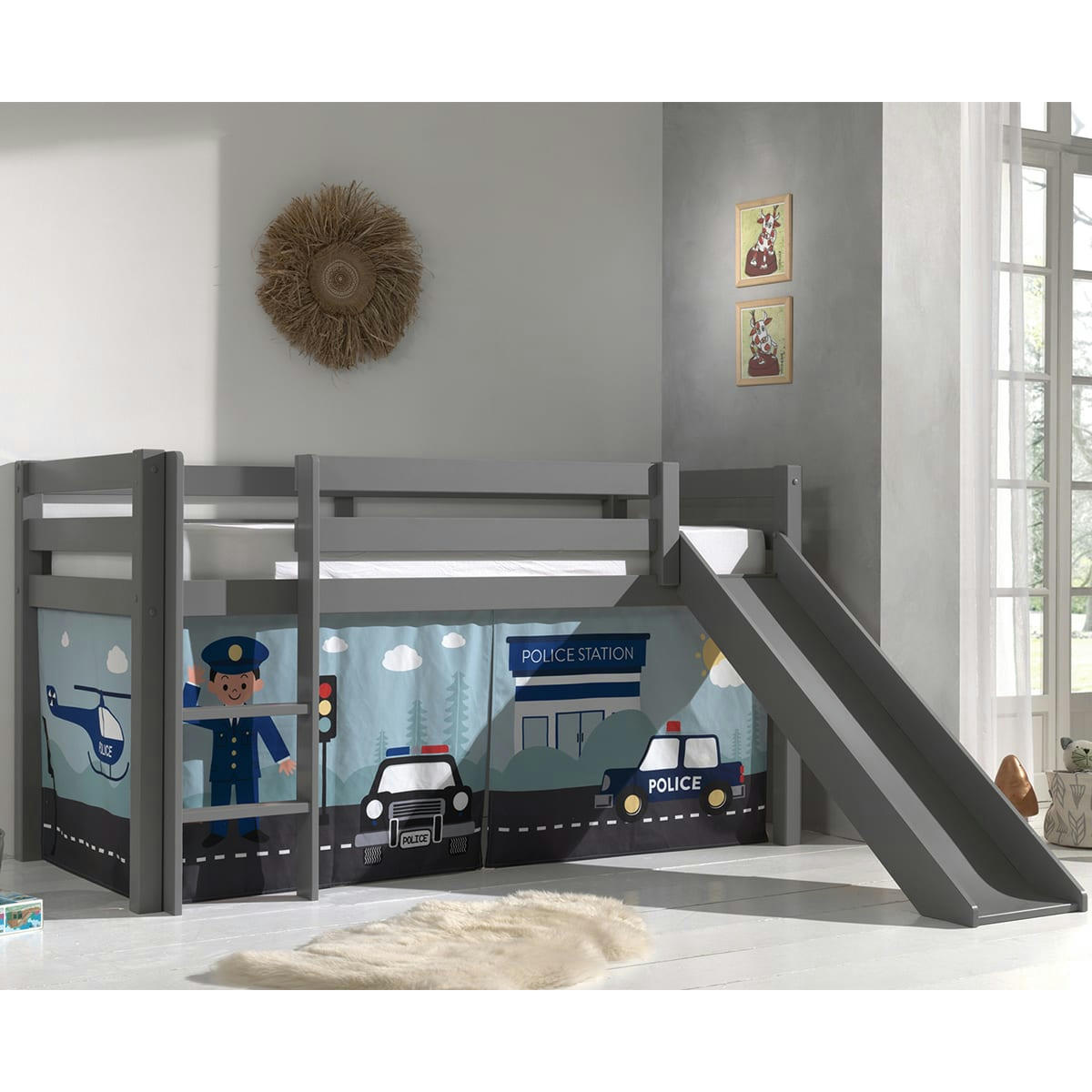 PINO - Lit mi-hauteur 90x200 toboggan sommier inclus housse police bleu