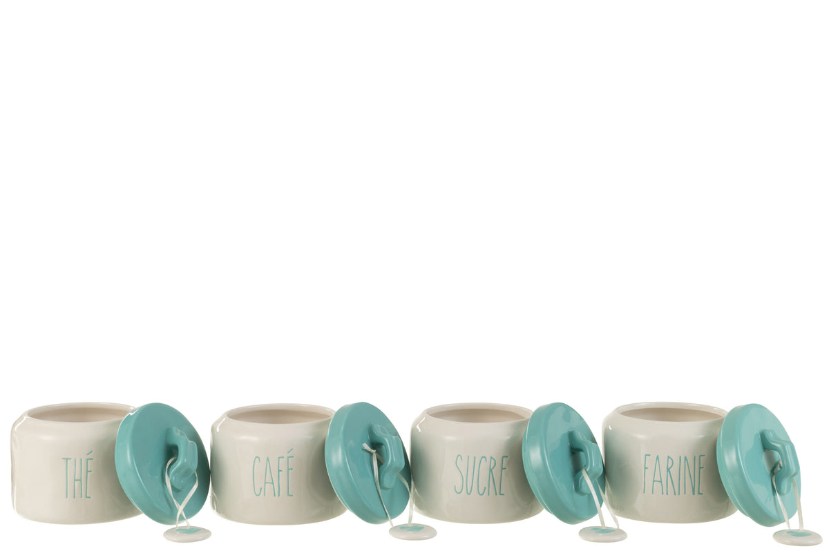J-Line voorraadpot Flour/Sugar/Coffee/Tea - keramiek - wit/blauw - 4 st.