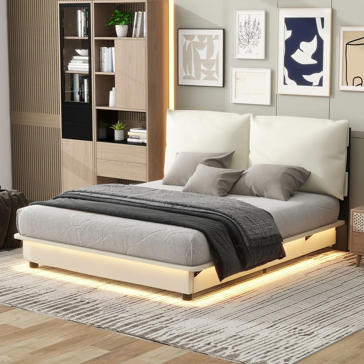Roomfitters Queen Size Upholstered Platform Bed with Sensor Light and Ergonomic Design Backrests