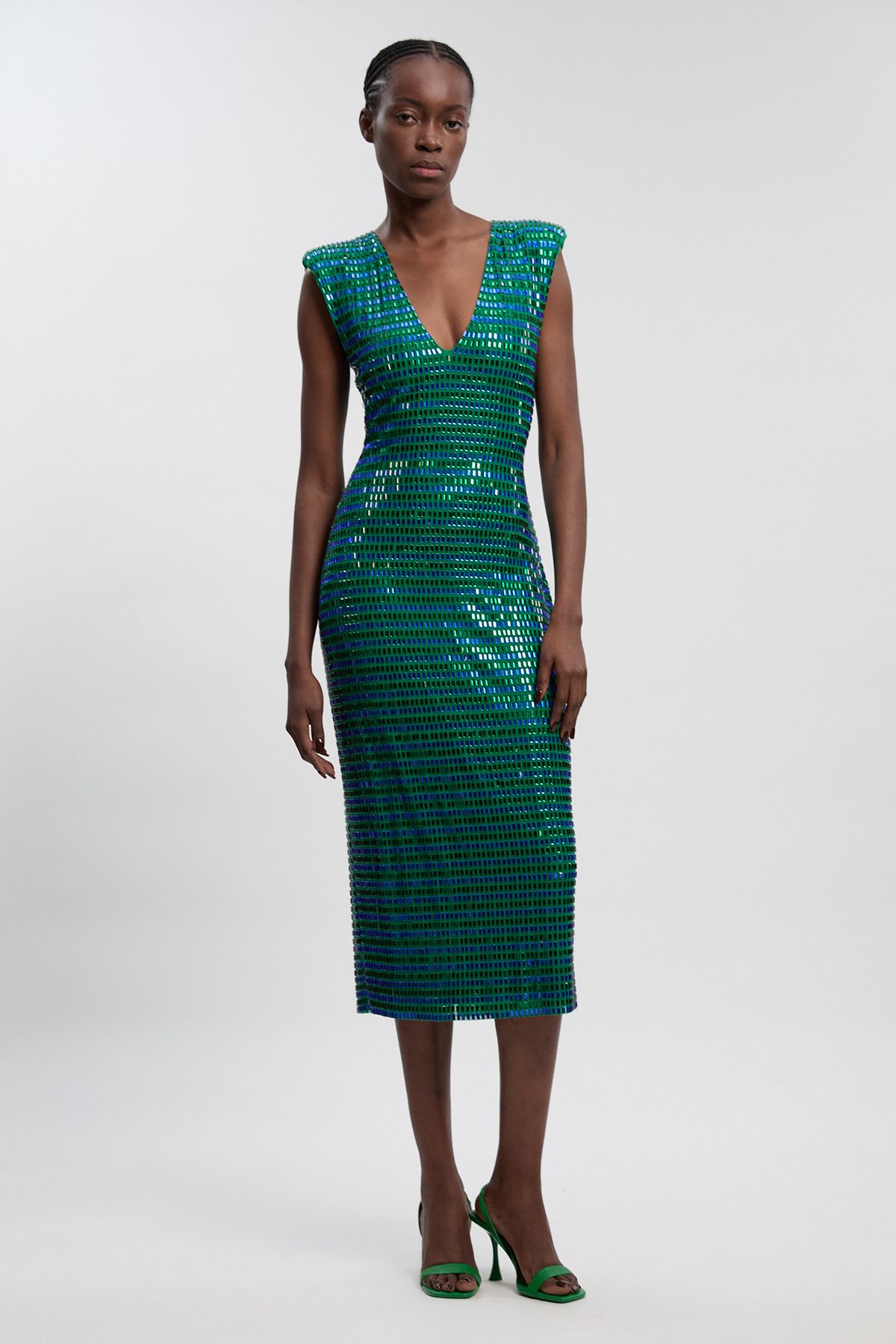 KarenMillen Premium Crystal Embellished Jersey Sleeveless Plunge Neck Midi Dress
