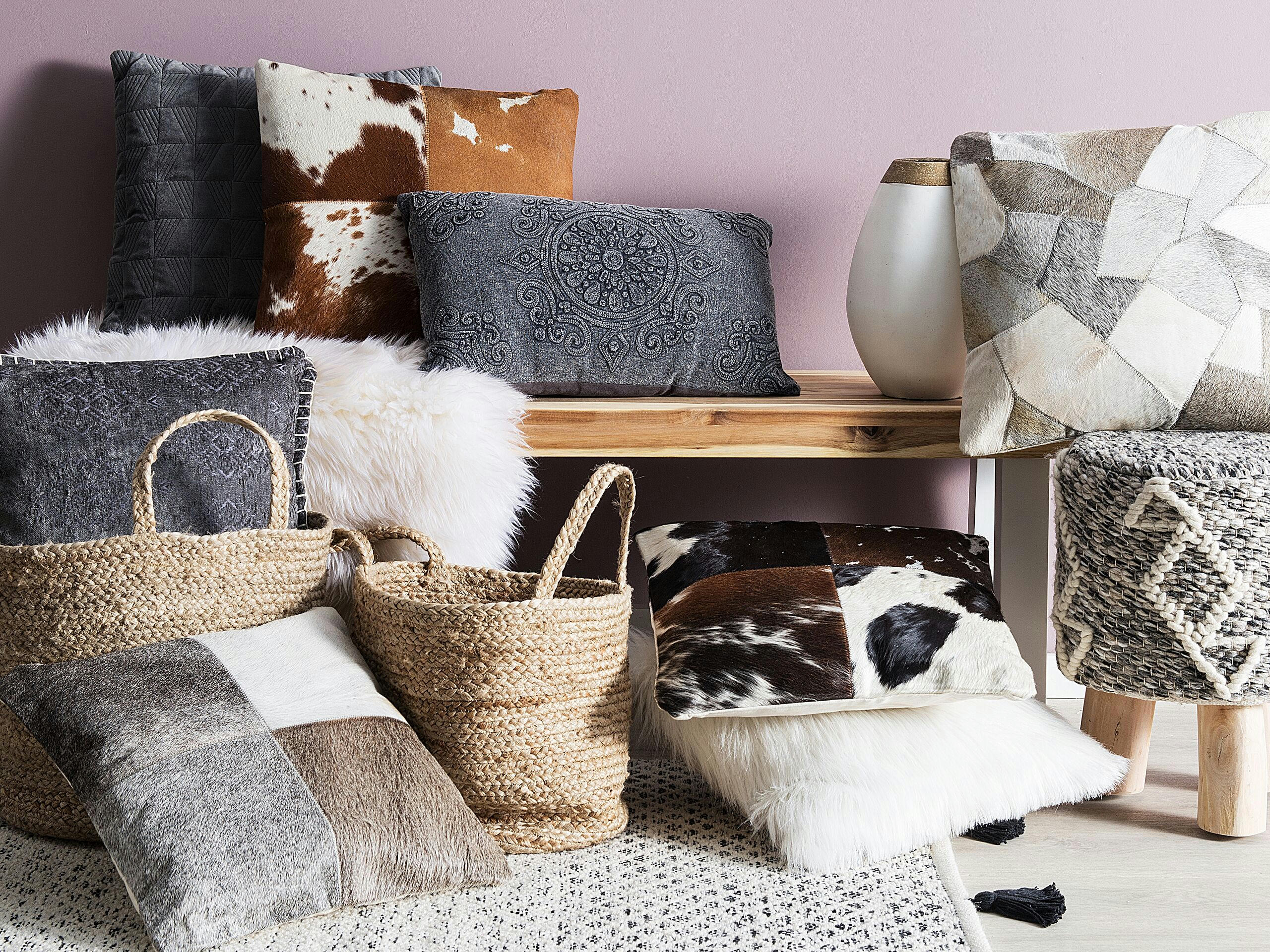 NEELOOR - Lot de 2 coussin décoratifs en cuir véritable gris 45x10cm