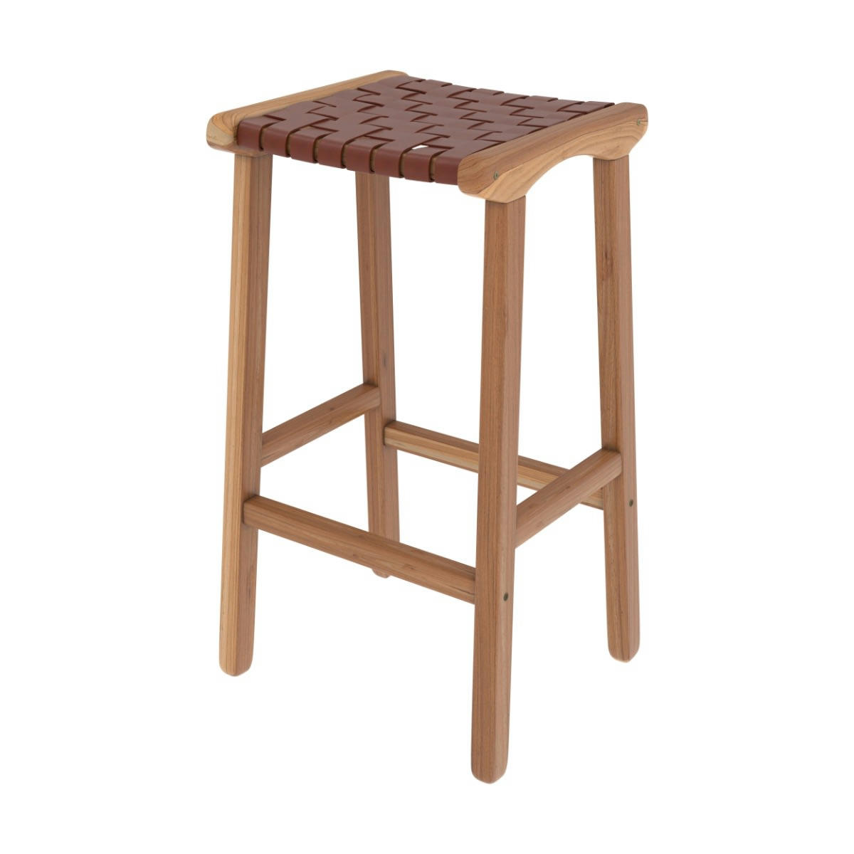 KUNA - Tabouret de bar mi-hauteur en teck et cuir tressé marron 68 cm