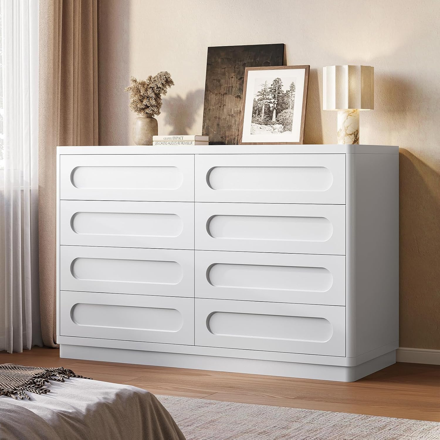White Dresser for Bedroom with 8 Drawers, 47.2 Wide Dresser for Closet with Deep Drawer, Large Wood TV Stand, Modern Chest of Drawers for Bedroom, Hallway
