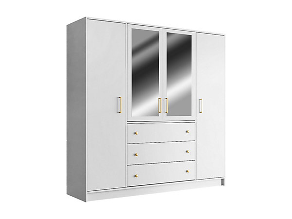 Armoire 4 portes et 3 tiroirs - Avec miroirs - L196 cm - Blanc - LIZANDRO