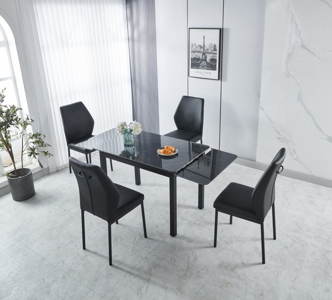 Modernique Sintere Stone Top Extending Table and 4 Faux Leather Chairs Dining Set