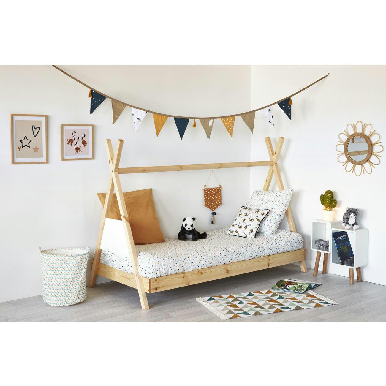 ASHA - Lit enfant cabane pin beige sommier 190x90cm