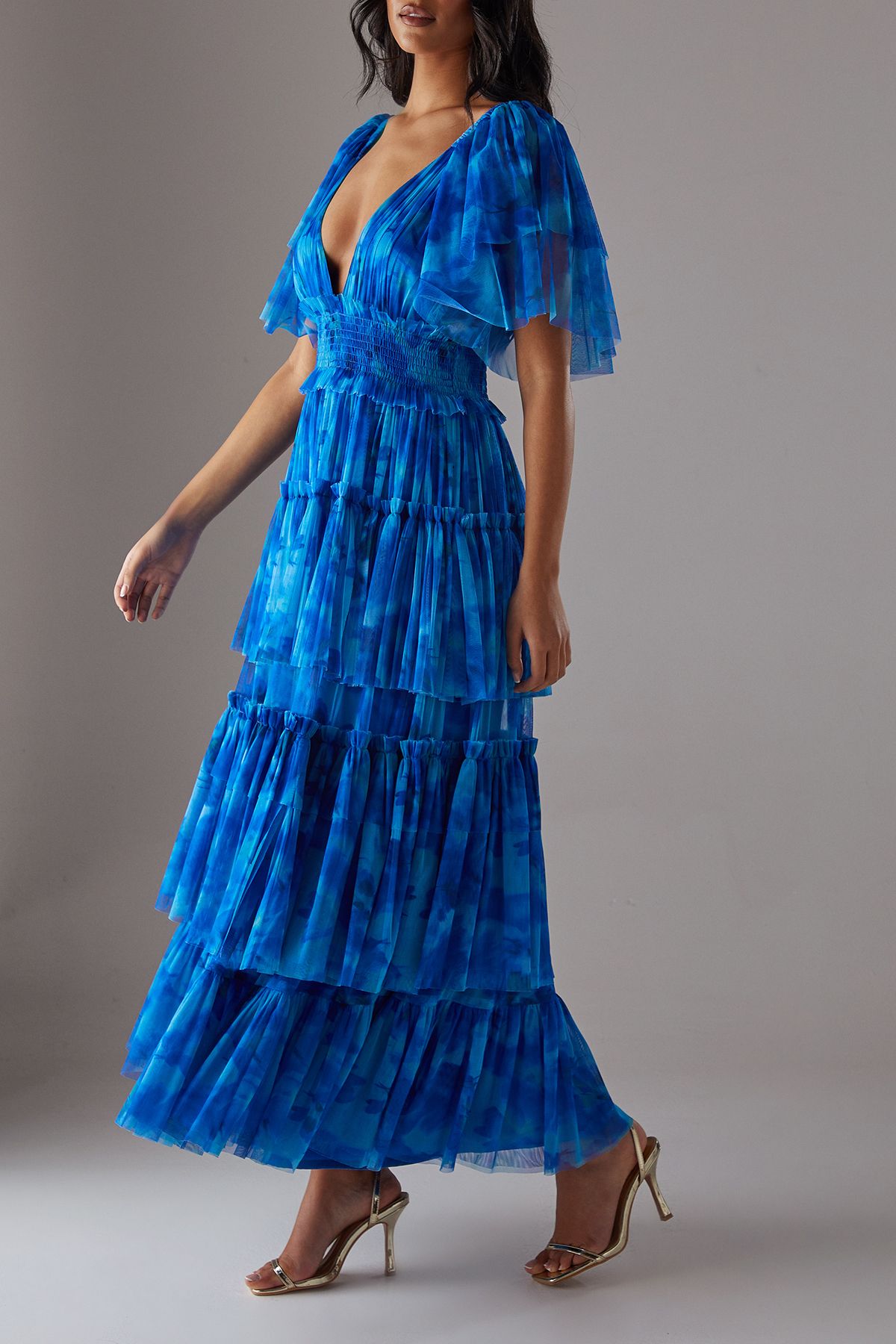 Warehouse Tulle Floral Plunge Neck Flutter Sleeve Tier Maxi Dress