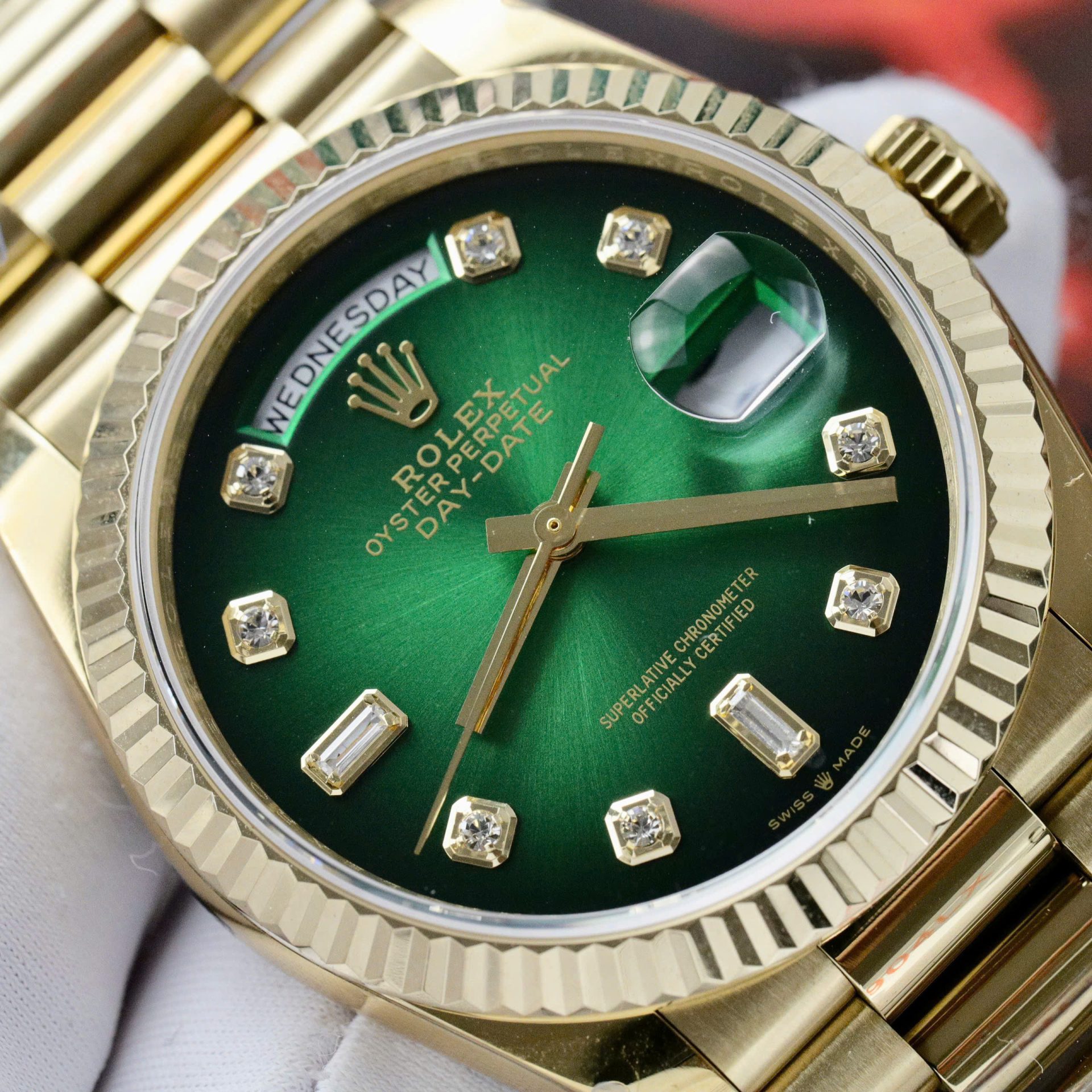 Rolex Day-Date 128238 YG Plated Ombre Green Dial CZ Diamonds 36mm Super Clone