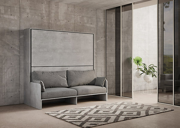 Lit double escamotable Kando avec canapé et matelas en ciment, gris